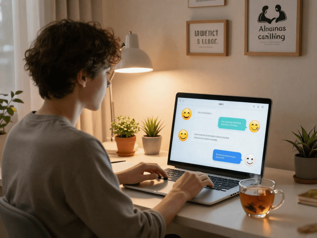 AI sex chat interaction in a cozy home office, capturing warmth and connection.
