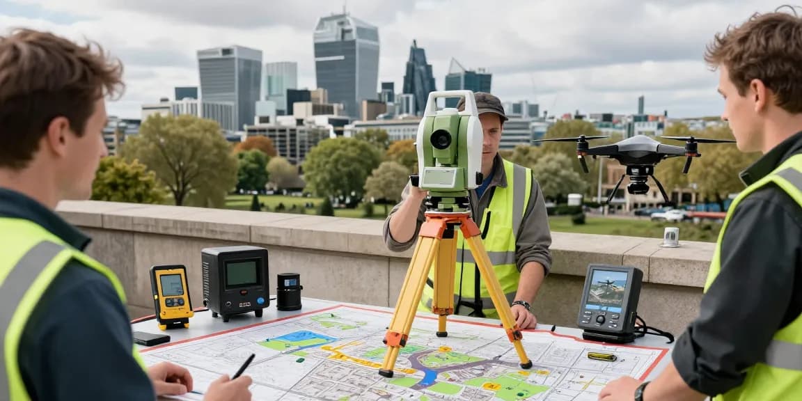 Land surveys london featuring a professional surveyor using advanced equipment in an urban setting with iconic London skyline.