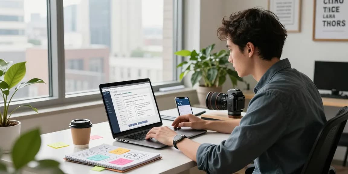 Professional writer utilizing AI writing tools in a bright office workspace with notes and tech.