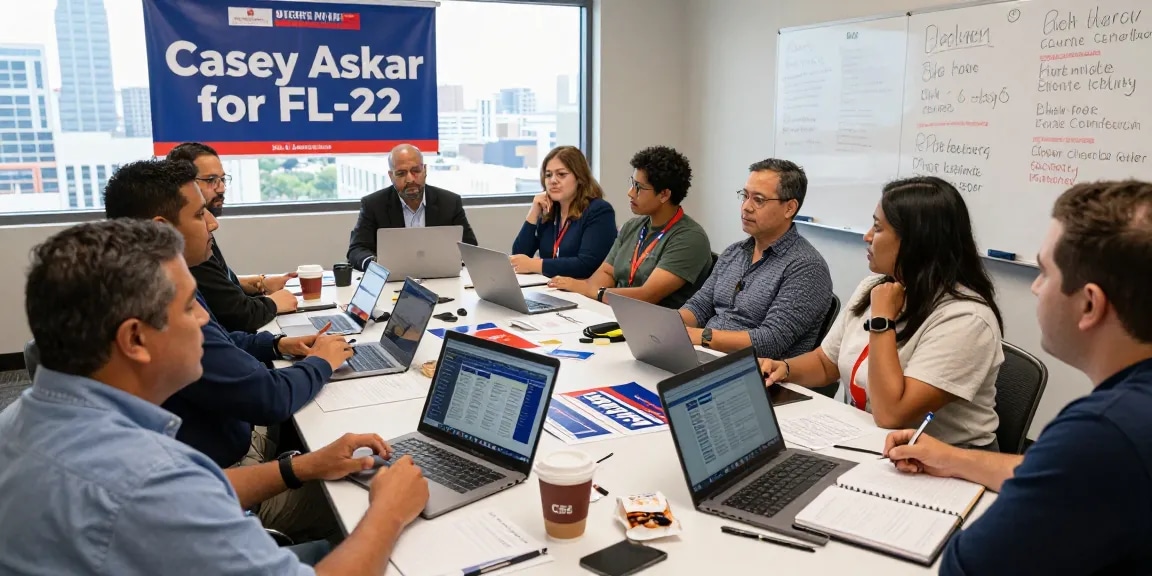 Casey Askar campaign team collaborating in conference room on strategy.