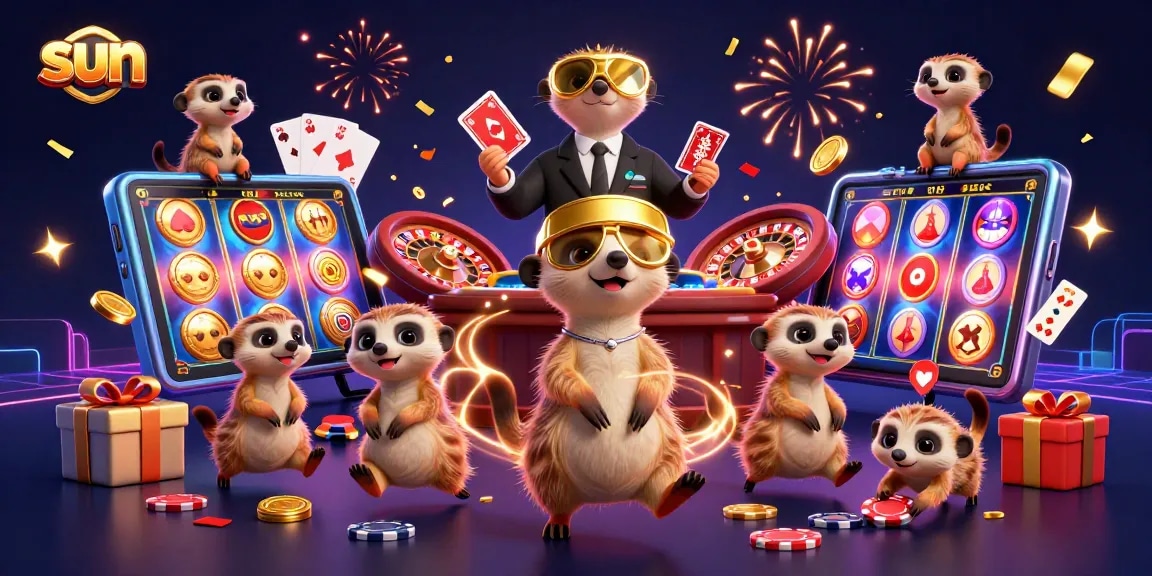 Watch meerkats enjoy dynamic casino action with colorful games and spinning reels in an engaging scene.