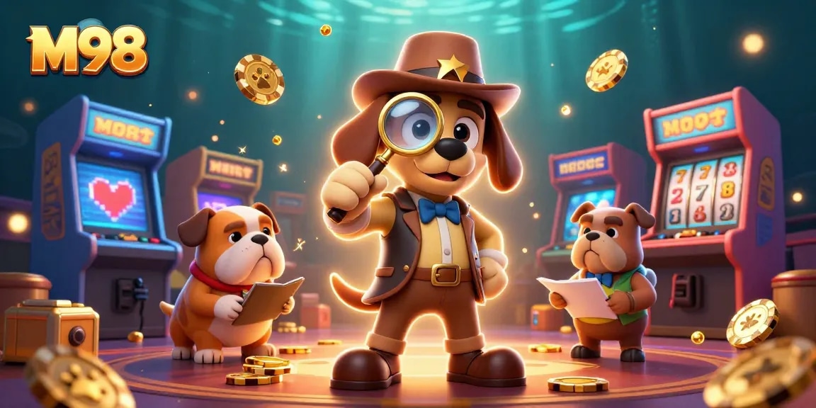 M98 casino scene with a detective dog and gaming elements leading to poker clues.