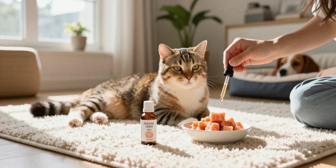 cat enjoying cbd oil for cats in canada with wild salmon treats in cozy home