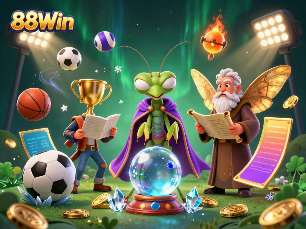 Experience the magic of 88Win with vibrant 3D casino elements featuring a fortune teller, sports balls, and a mystical atmosphere.