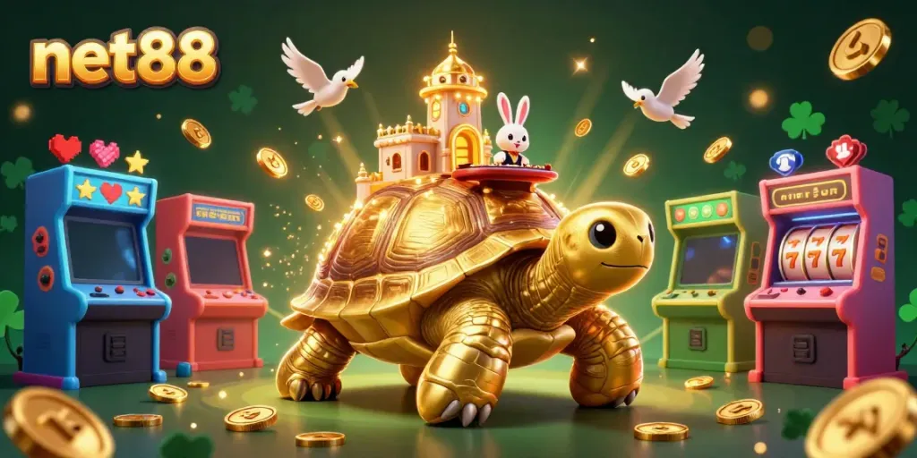 Engage with net88 in a vibrant 3D casino illustration featuring gold coins and dynamic game elements.