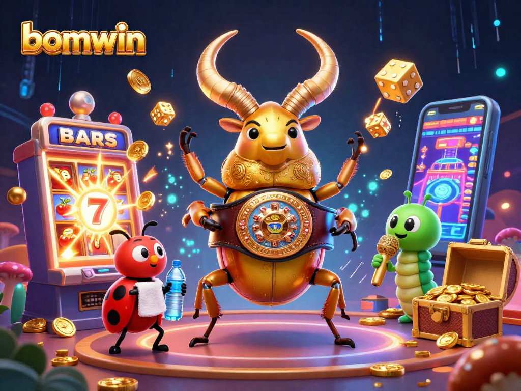 Engage with bomwin's exciting slot machines and animated characters in a vibrant casino scene.