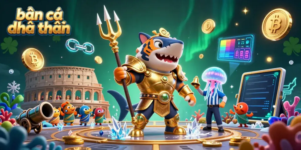 Experience the excitement of bắn cá đổi thưởng in this vibrant underwater scene featuring a shark warrior.