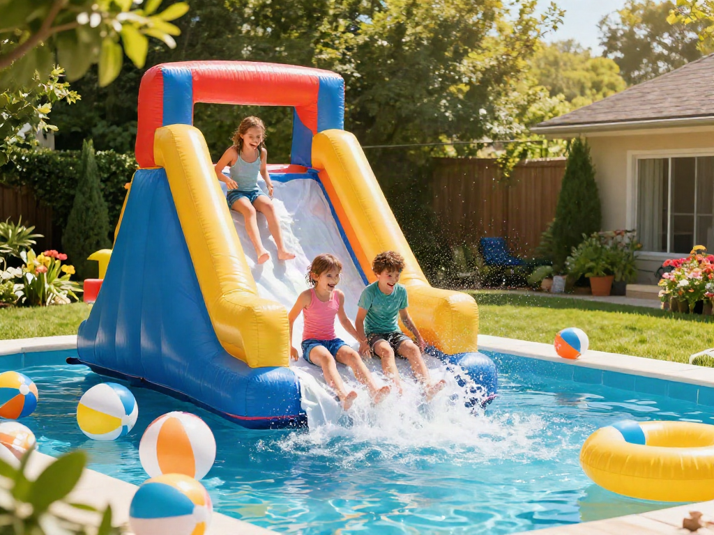 Children laughing and splashing on an inflatable water slide in a sunny backyard.
