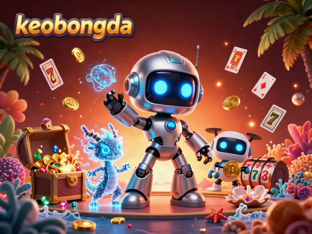 Experience keobongda's thrilling casino adventure with a cyberpunk robot, a holographic AI dragon, and dynamic gambling elements.