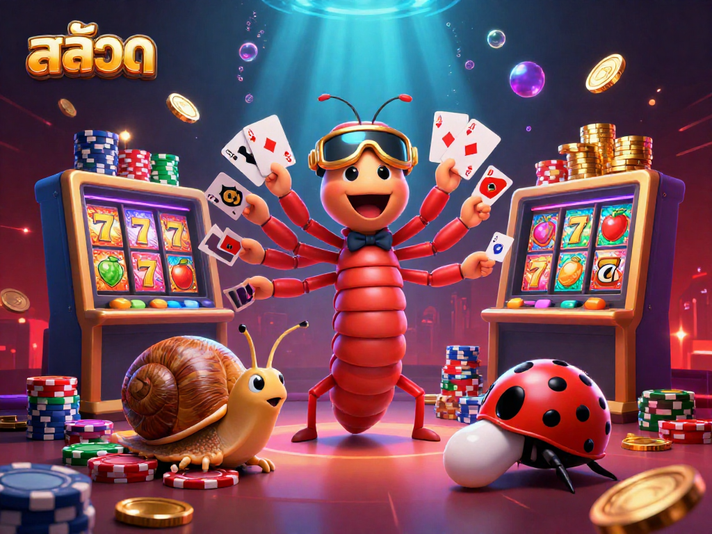 Engaging casino scene featuring colorful สล็อต slot machines, a millipede dealer, and poker chips.