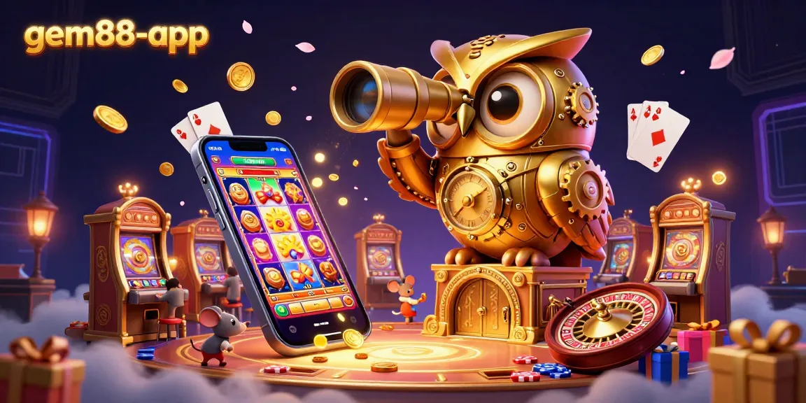 Experience gem88-app's gaming excitement with a clockwork owl amidst dynamic casino gaming elements.