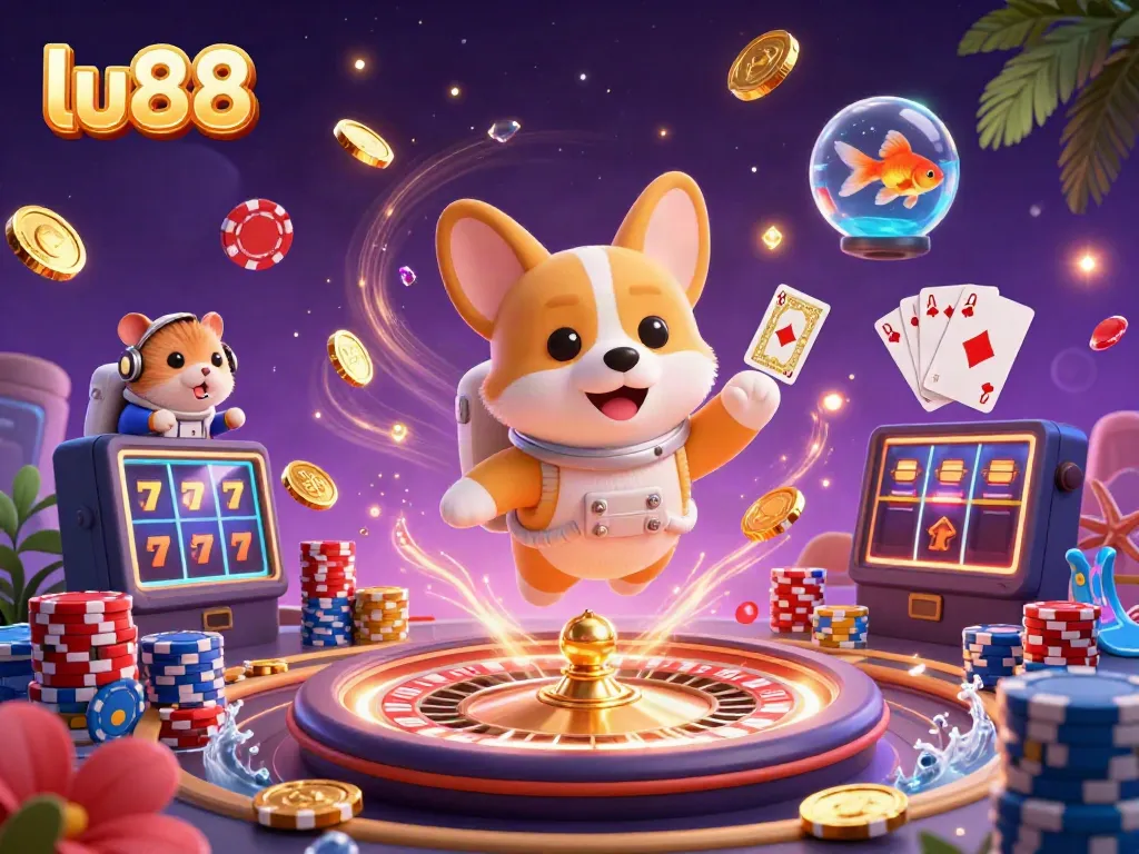 Experience thrilling gaming at lu88, featuring an astronaut corgi in a zero-gravity casino with dynamic elements.
