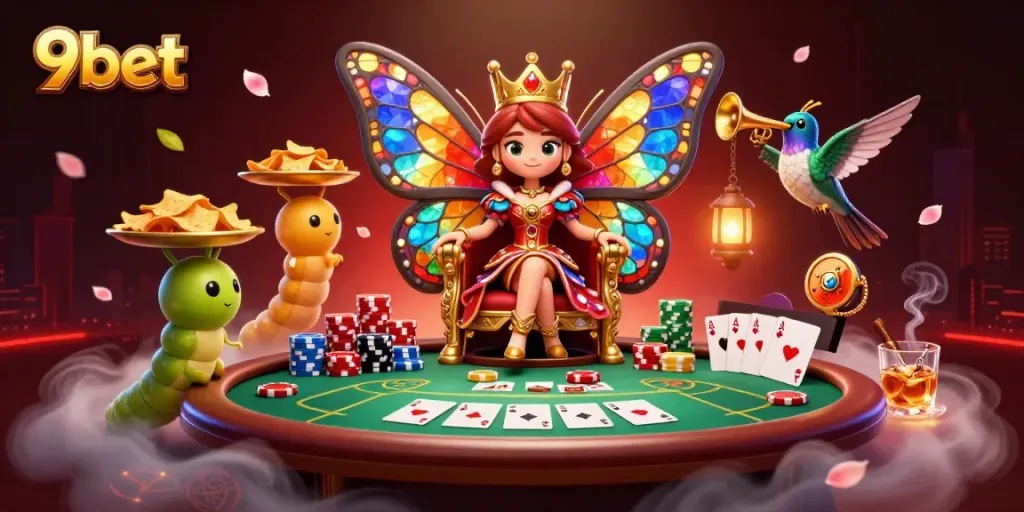 Experience the thrilling world of 9bet with a butterfly queen and poker elements!