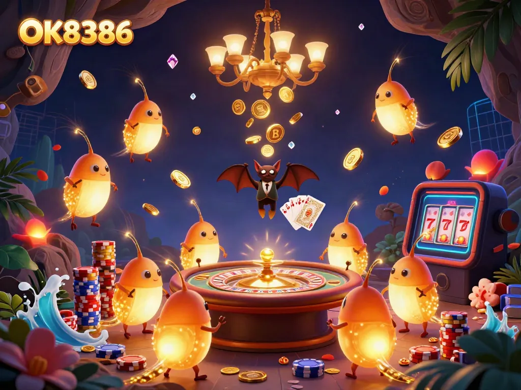 Experience OK8386's thrilling cave casino with glowing character luminaries lighting the scene and vibrant game elements.