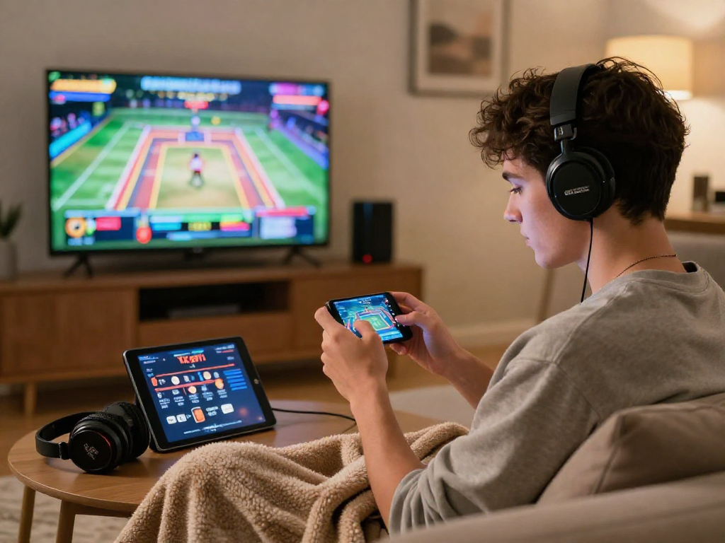 Exciting scene of a player enjoying TK 1971 gaming app on a smartphone in a cozy living room.