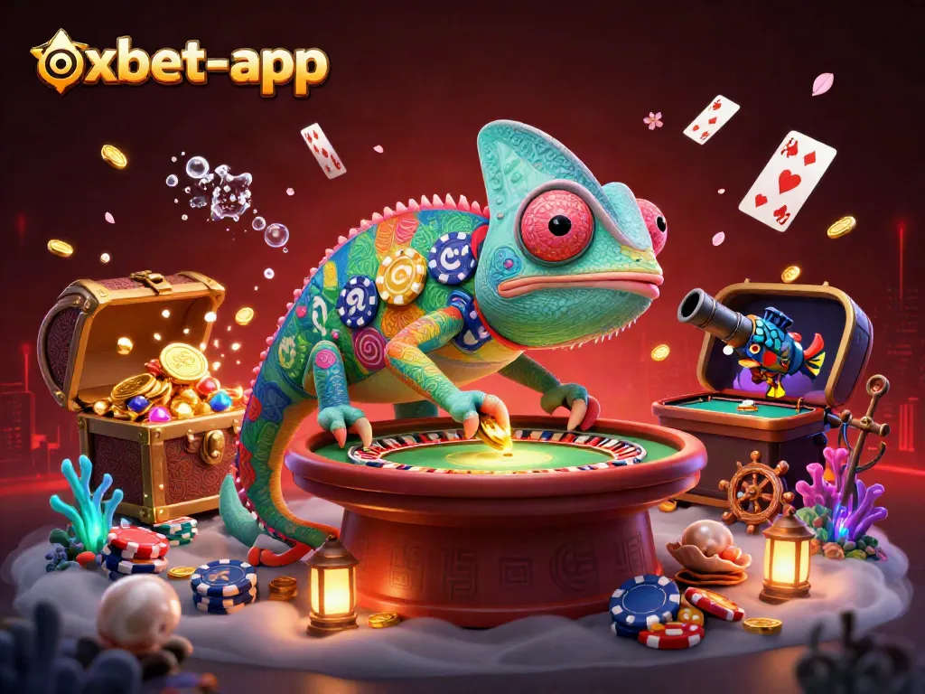 Experience the thrill of oxbet-app with a vibrant chameleon casino owner amidst a dazzling game scene.