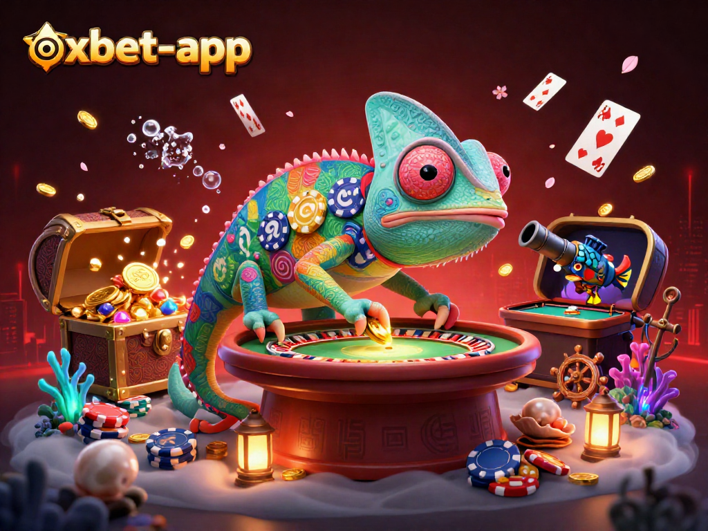 Experience the thrill of oxbet-app with a vibrant chameleon casino owner amidst a dazzling game scene.