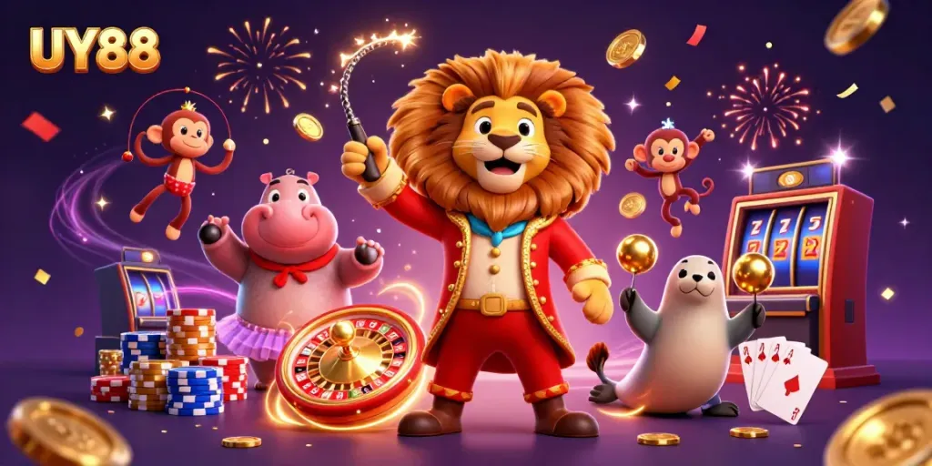 Experience thrilling wins at UY88 with a colorful 3D carnival scene featuring games and casino excitement.