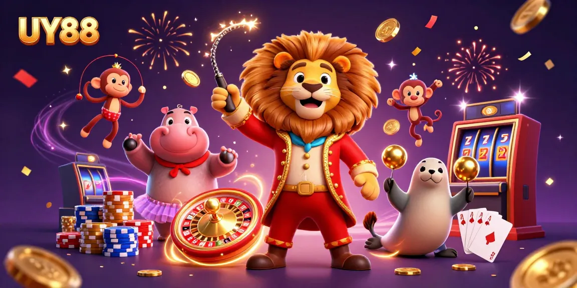 Experience thrilling wins at UY88 with a colorful 3D carnival scene featuring games and casino excitement.