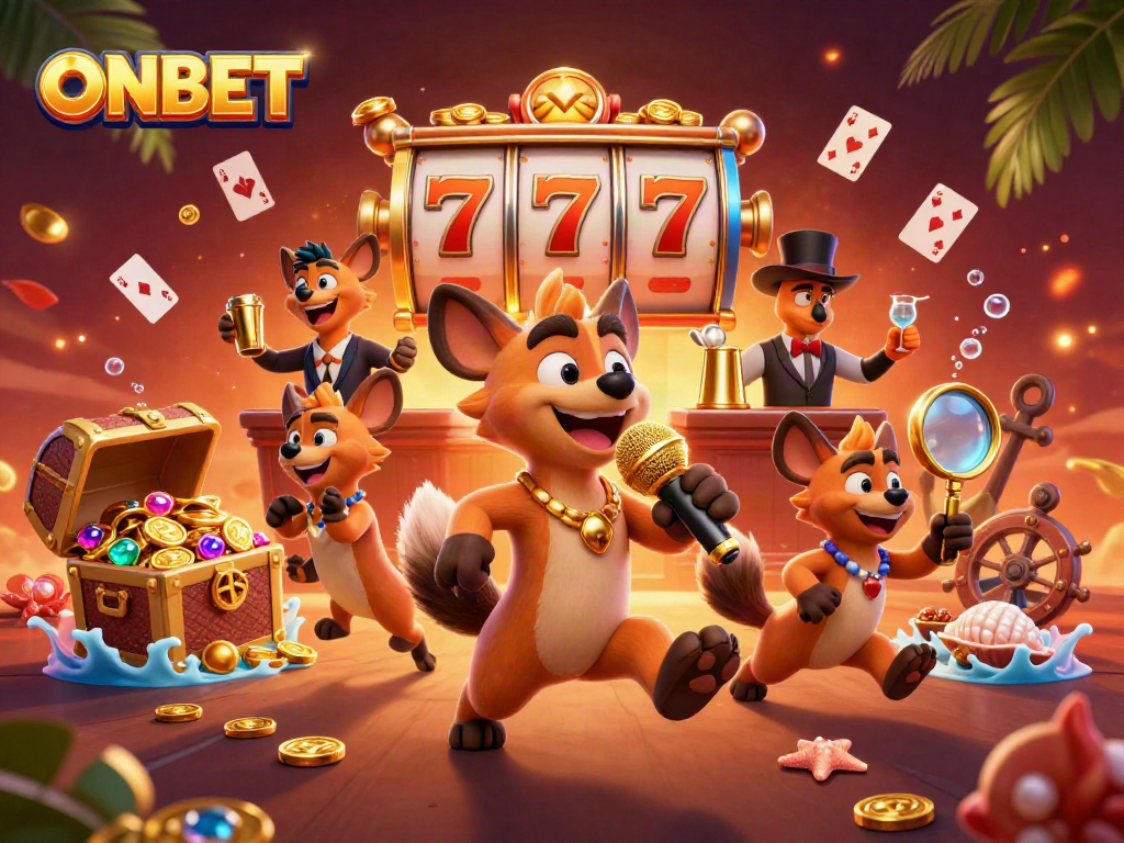 Experience ONBET's vibrant casino scene with cartoon hyenas enjoying comedy and gaming excitement.