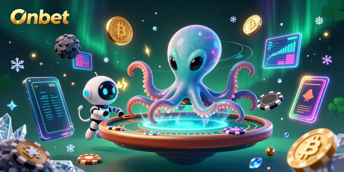 Engage with Onbet's vibrant poker scene featuring a cosmic octopus and neon crypto elements.