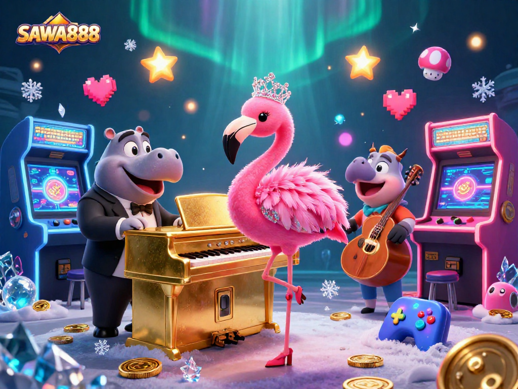 Experience the fun of SAWA888 with a vibrant casino scene featuring animated characters and arcade games.