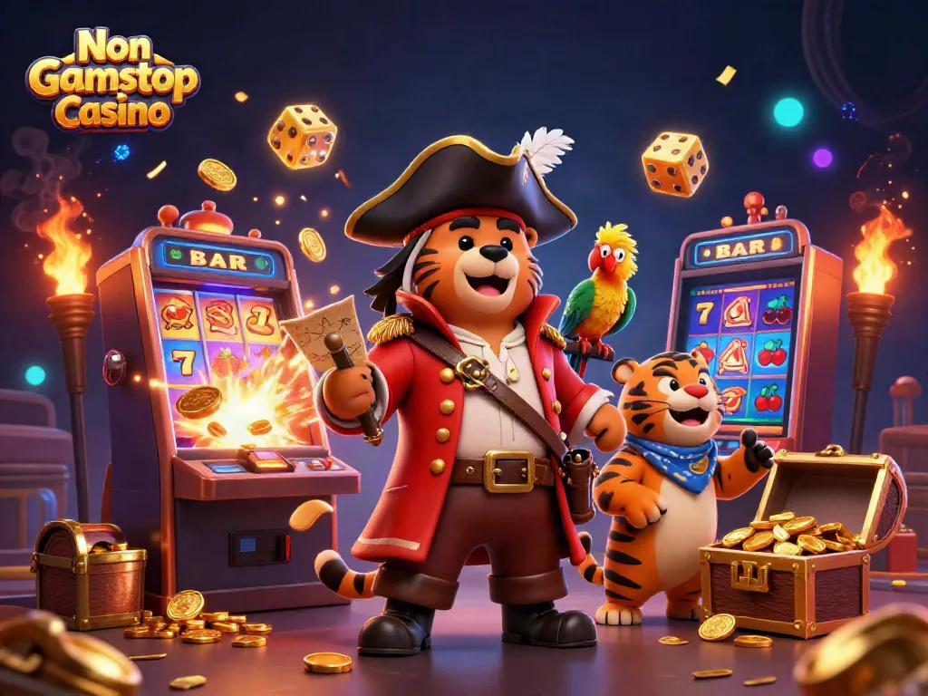 Experience the excitement of Non Gamstop Casino with a vibrant 3D scene showcasing a pirate bear, tiger, and parrot amidst stunning casino elements.