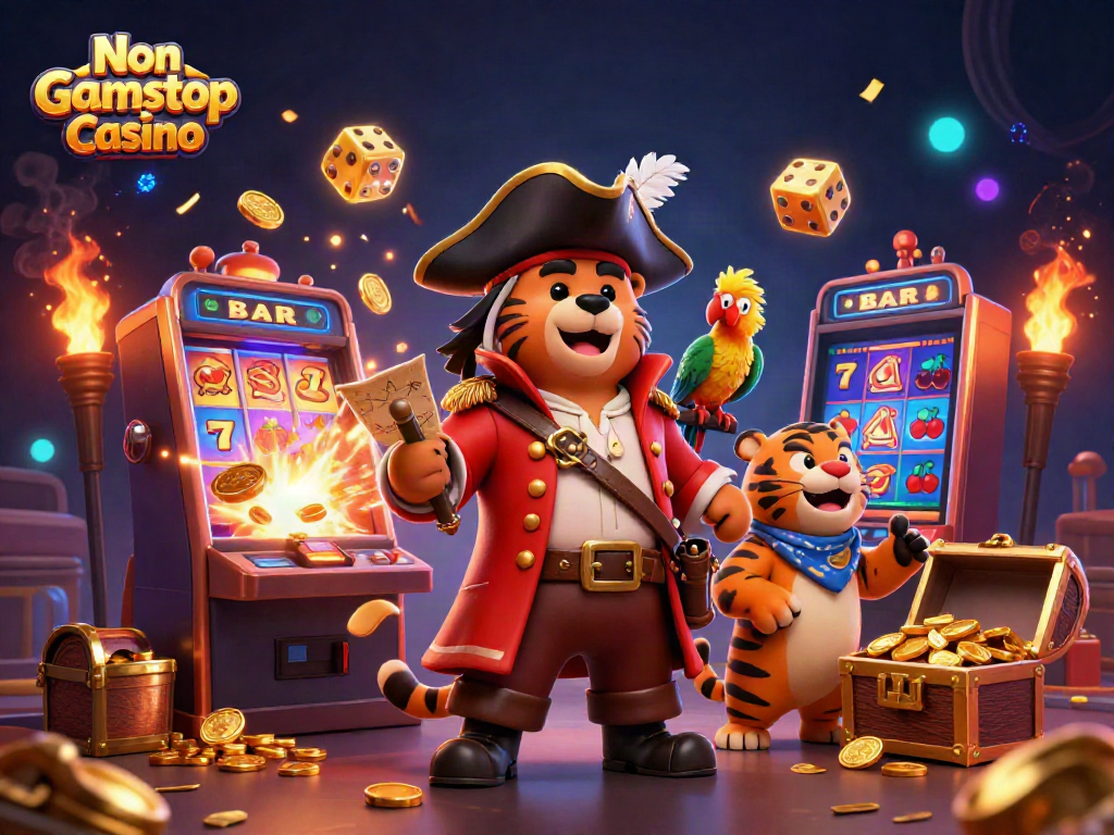 Experience the excitement of Non Gamstop Casino with a vibrant 3D scene showcasing a pirate bear, tiger, and parrot amidst stunning casino elements.