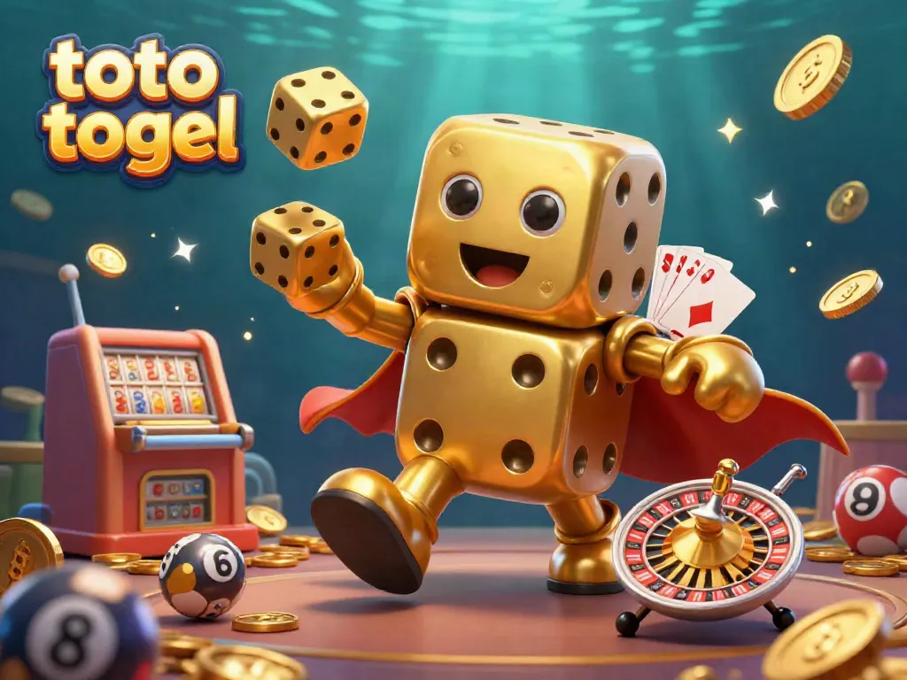 Engage in toto togel with a lively 3D scene illustrating a golden dice golem and lottery elements.