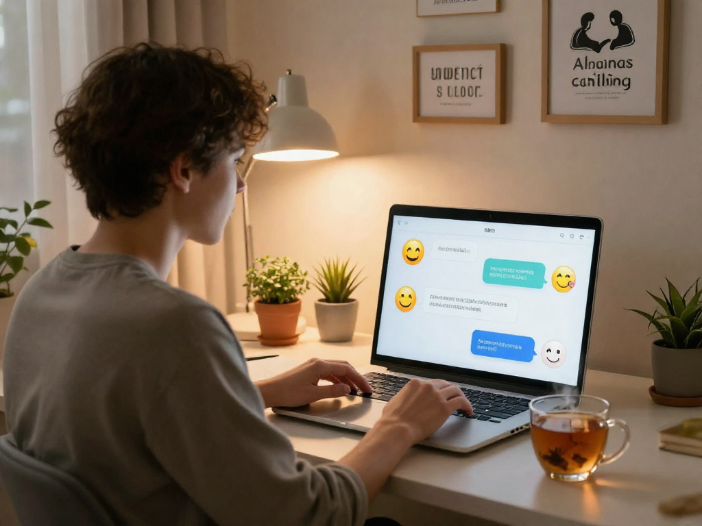 AI sex chat interaction in a cozy home office, capturing warmth and connection.