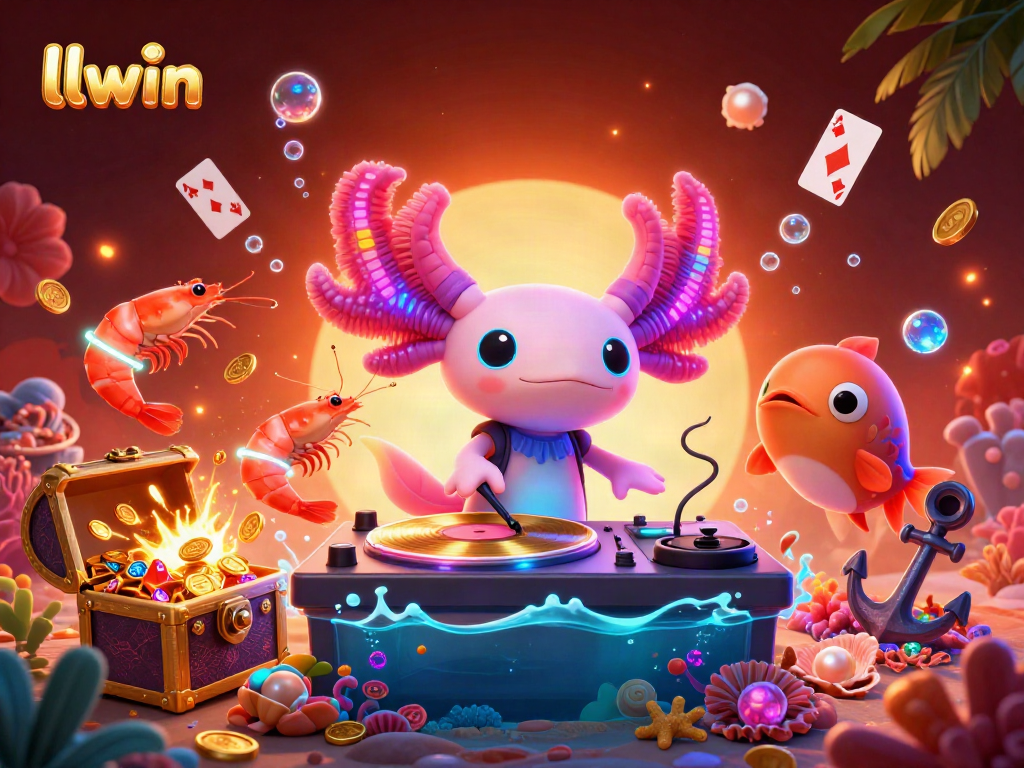 llwin showcases vibrant underwater casino fun, with a colorful axolotl DJ and game elements.