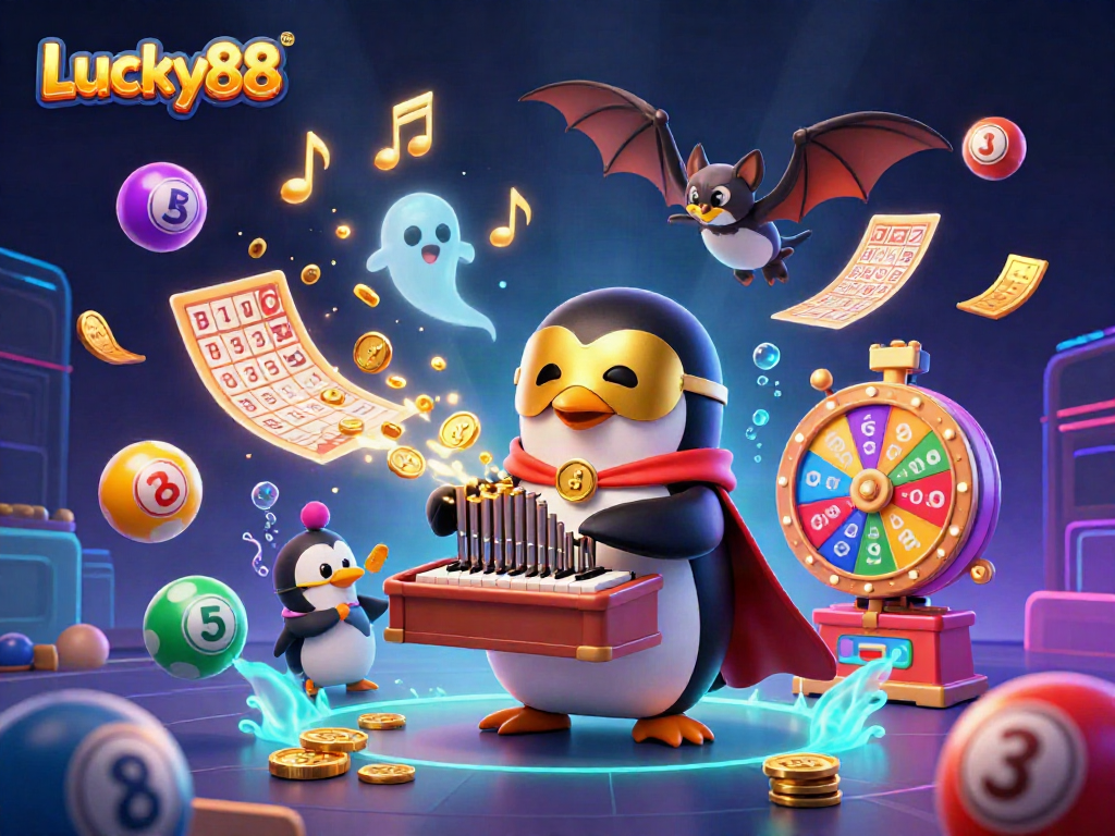 Celebrate wins at Lucky88 with a vibrant scene of a penguin playing a golden organ amid colorful lottery elements.