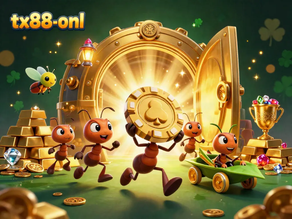 Experience the excitement of tx88-onl with ants heisting a giant poker chip in a vibrant casino scene.