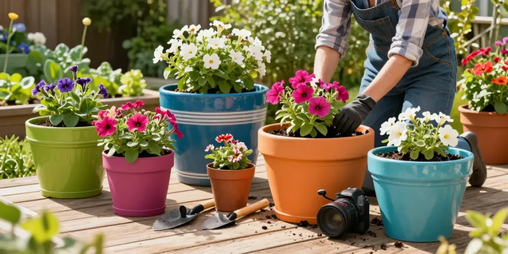 Beautiful garden featuring XL garden planters with colorful flowers, a gardener planting petunias, and lush greenery.
