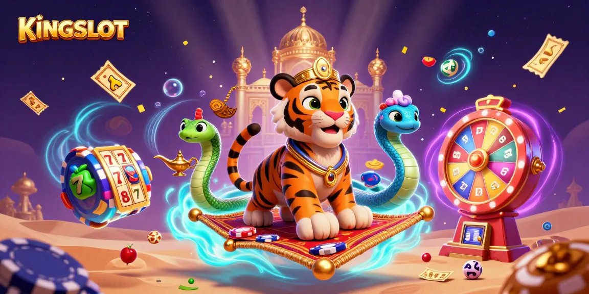 KINGSLOT menciptakan momen kemenangan dengan sultan harimau dan elemen slot berwarna-warni di latar belakang.