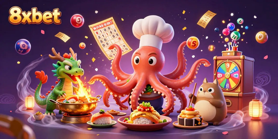 Experience the excitement with 8xbet's dynamic gaming scene featuring a vibrant octopus chef and lucky dragon.