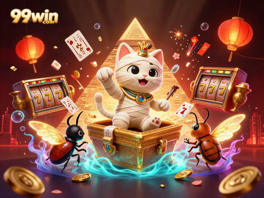 Engage in thrilling action at 99win com with a vibrant casino scene featuring a mummy cat and scarab.