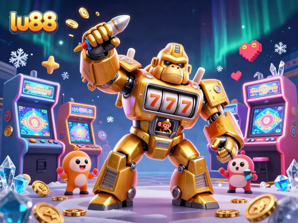 Experience immersive gaming action at lu88 with a golden gorilla mech, arcade game machines, and vibrant casino elements.