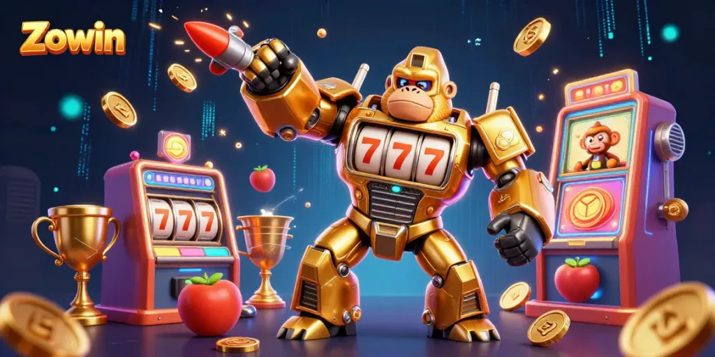 Zowin jackpot scene with a golden gorilla mech, slot machines, and vibrant casino elements.