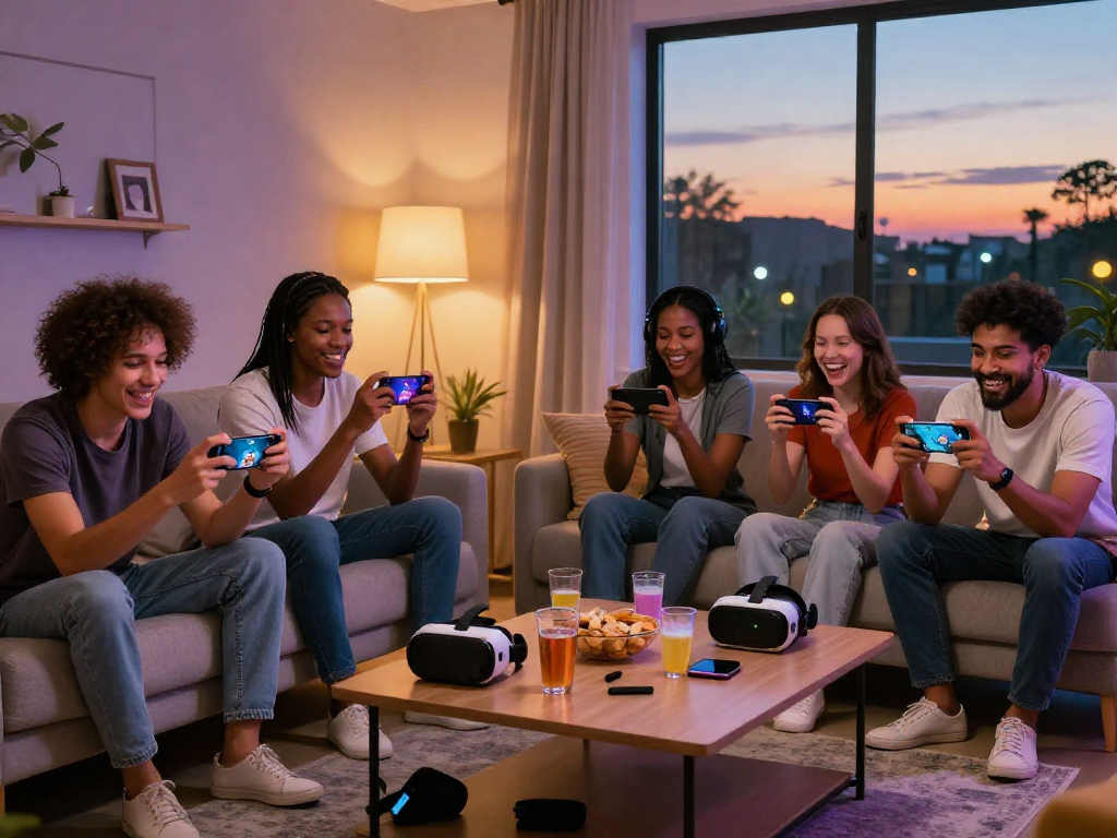 Engaging scene of friends playing mobile porn games in a cozy living room atmosphere.