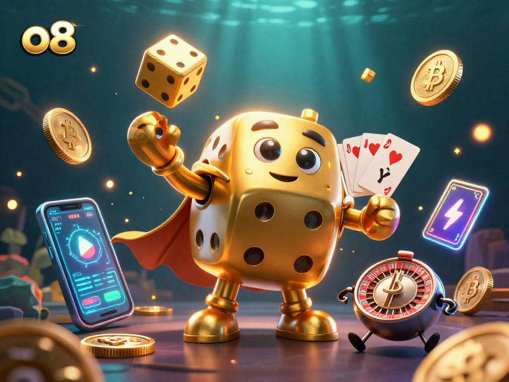 Engage with the exciting world of o8's casino adventure, featuring a golden dice golem and vibrant gaming elements.