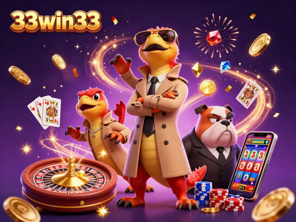 Experience excitement with 33win33 at a vibrant casino scene featuring lively characters and action.