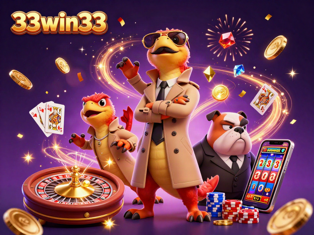 Experience excitement with 33win33 at a vibrant casino scene featuring lively characters and action.