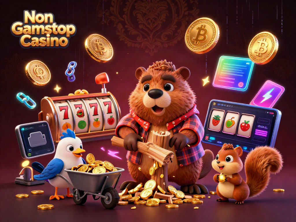 A lively illustration representing Non Gamstop Casino with characters collecting golden coins amidst slot machines.