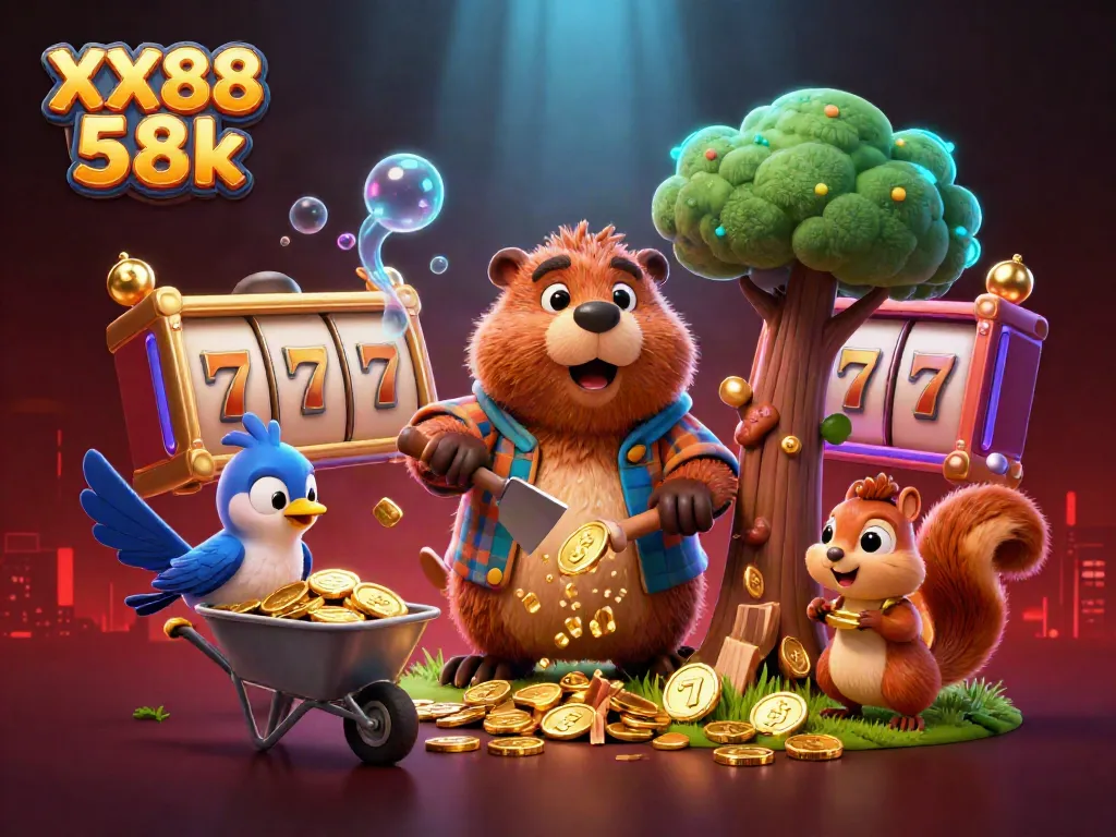 Experience the thrill of winning with XX88 58k as a lively cartoon scene unfolds with daring characters interacting in a bustling casino.