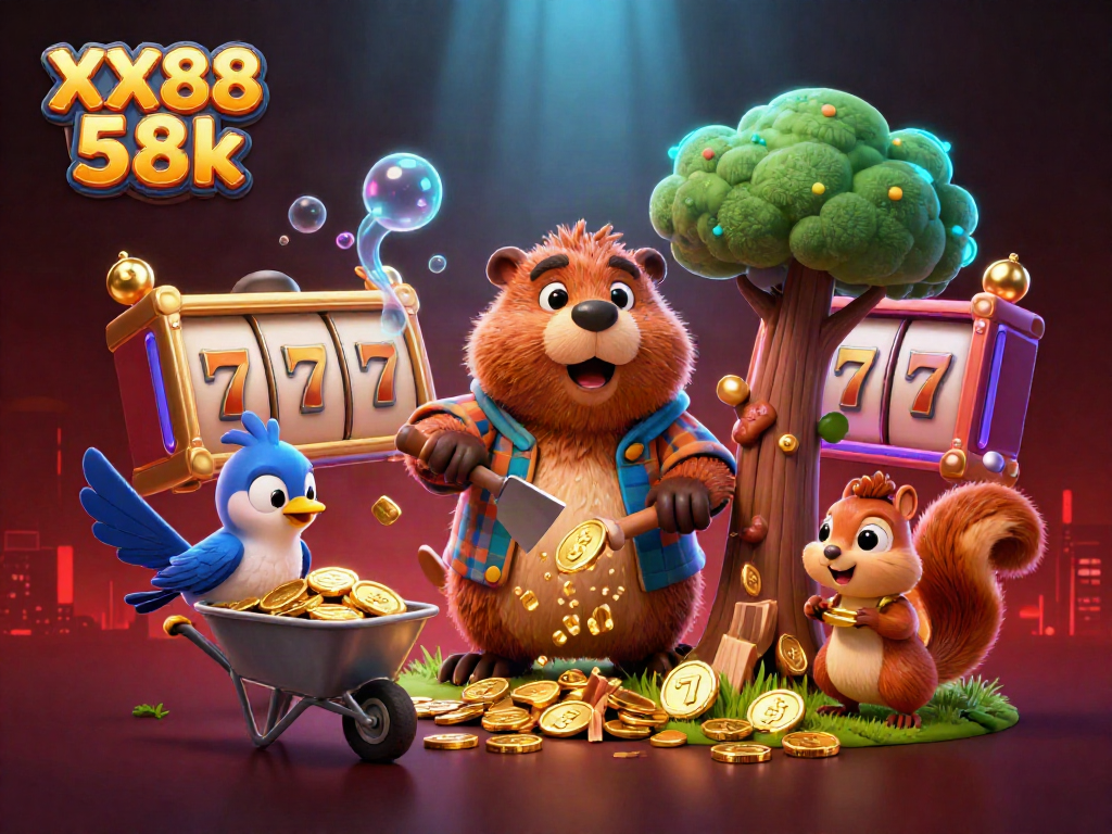 Experience the thrill of winning with XX88 58k as a lively cartoon scene unfolds with daring characters interacting in a bustling casino.