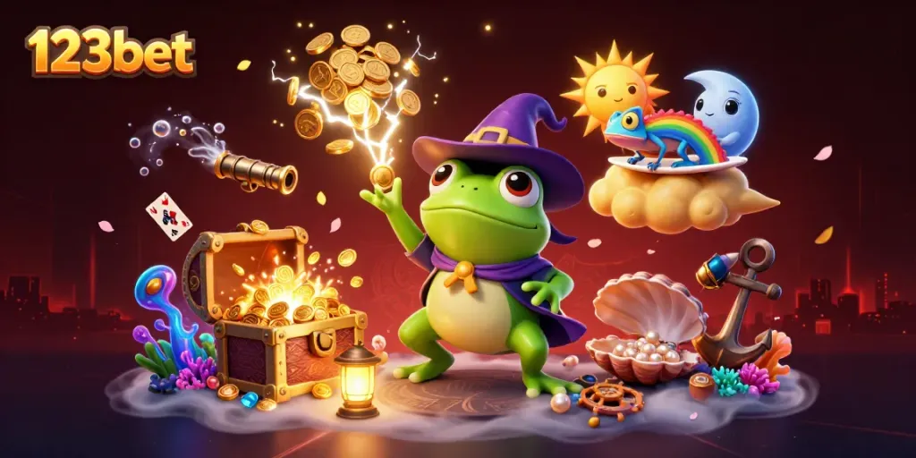 Experience thrilling gameplay at 123bet with colorful spirits and treasures bursting in a dynamic casino scene.
