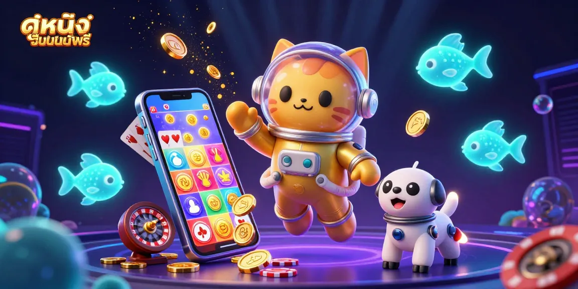 Engage in ดูหนังออนไลน์ฟรี with vibrant visuals of a cartoon astronaut cat, robot dog, and dynamic casino elements.
