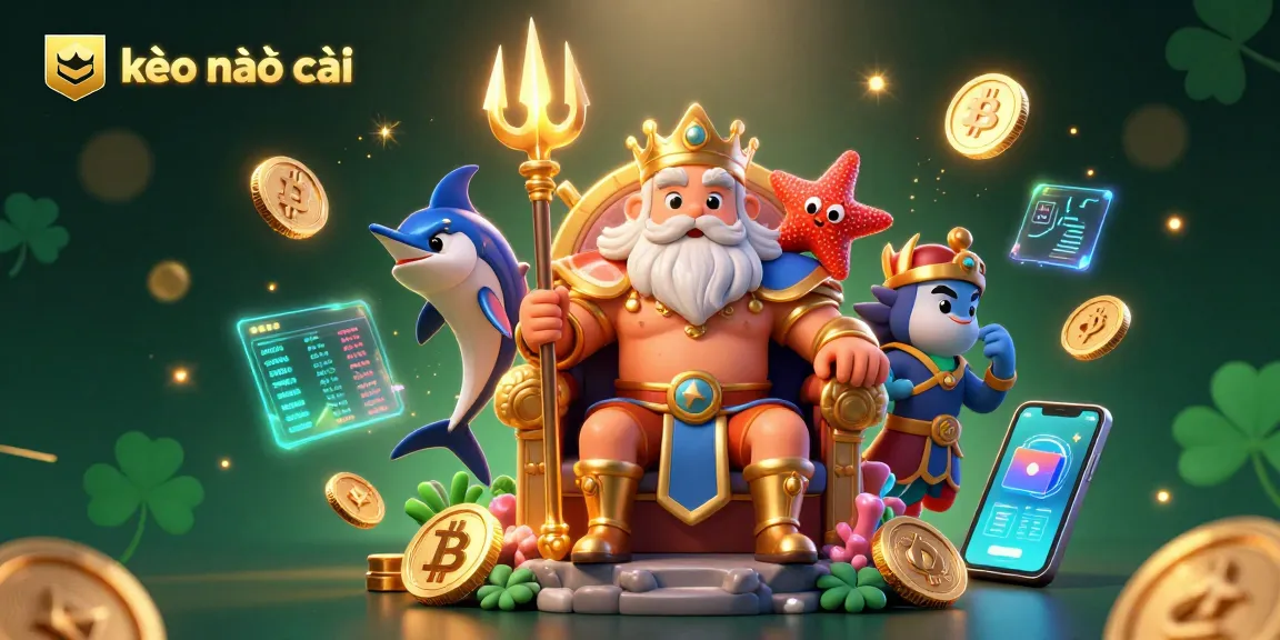 Catch the excitement of kèo nhà cái with cartoon Neptune, cryptocurrency, and vibrant casino elements.