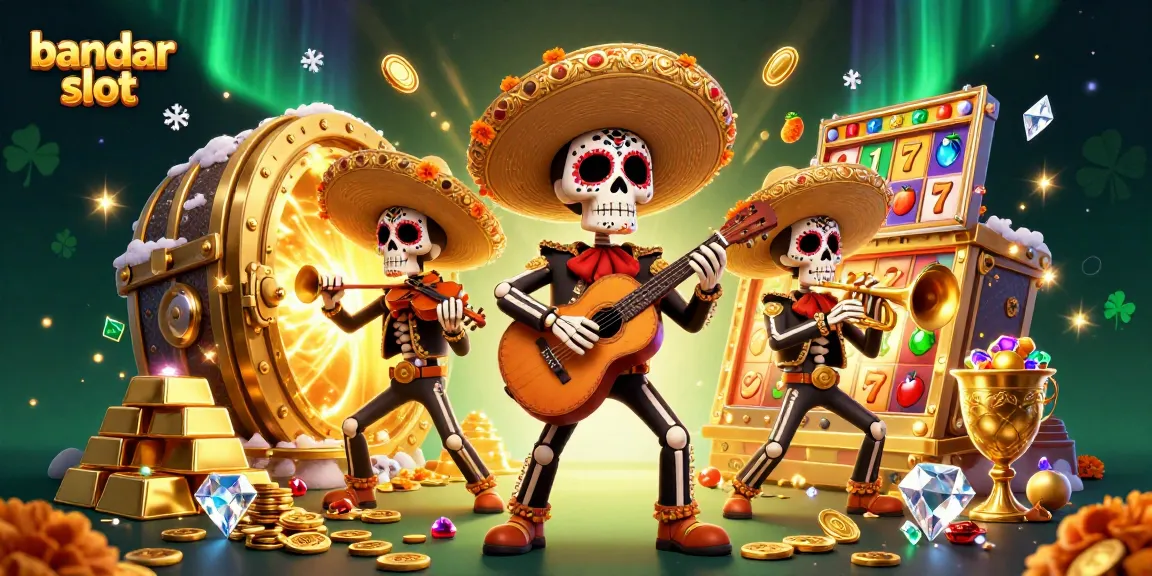 Experience the thrill of bandar slot with vibrant skeleton mariachi and dazzling casino elements.